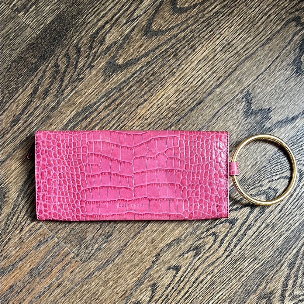 Kate Spade Pink Croc Embossed Clutch with Gold Ring - Picture 3 of 3